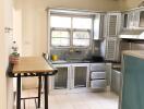 Modern kitchen with table and large windows