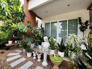 Outdoor patio with plants and decorative elements