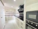 Modern kitchen with white cabinetry and built-in appliances