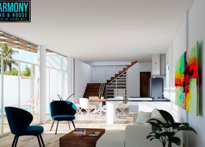 Modern living room with open layout and staircase