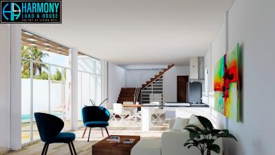 Modern living room with open layout and staircase