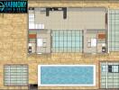 Floor plan with pool and bedrooms