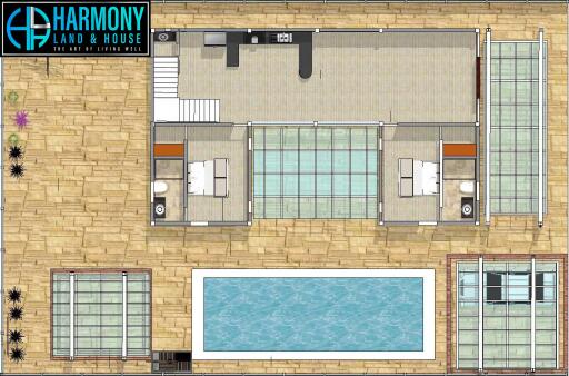 Floor plan with pool and bedrooms