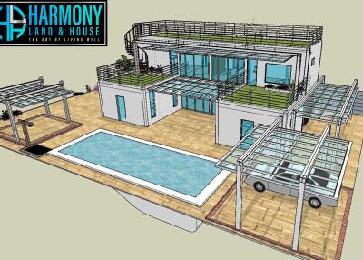 Modern architectural design of a luxury house with a pool and vehicle parking