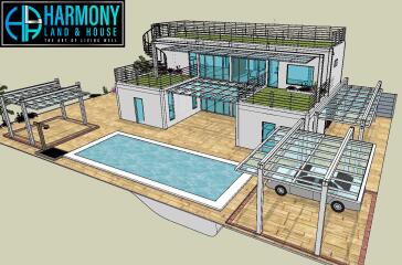 Modern architectural design of a luxury house with a pool and vehicle parking