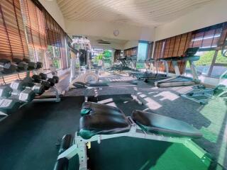 Well-equipped gym with natural lighting and modern fitness equipment