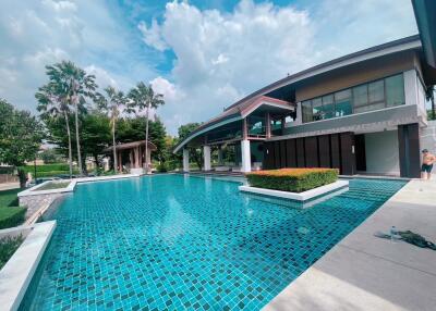 Modern house with large outdoor pool and surrounding greenery