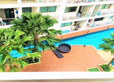 View of pool and balcony area from residential building