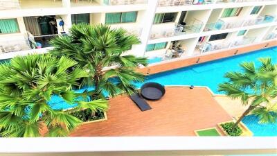 View of pool and balcony area from residential building