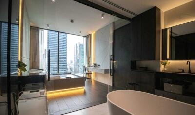 Modern bathroom with a city view