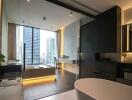 Modern bathroom with a city view