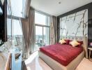 Luxurious bedroom with large windows and balcony access