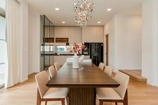 Modern dining area with a wooden table and contemporary chandelier