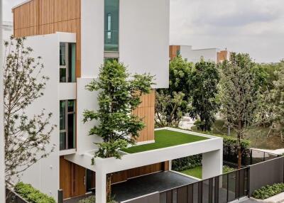 Modern three-story building with a rooftop garden and wooden accents