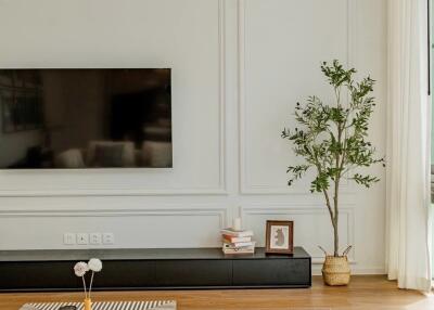 Modern living room with wall-mounted TV, decor items, and a potted plant