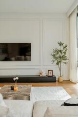 Modern living room with wall-mounted TV, decor items, and a potted plant