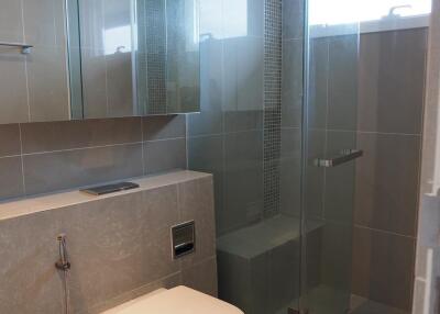 Modern bathroom with toilet and glass shower enclosure