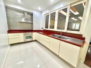 Modern kitchen with stainless steel appliances and red countertops