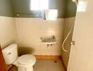 Small bathroom with toilet, sink, shower, and window