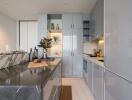 Modern kitchen with grey cabinetry and marble countertop