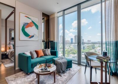 Modern living room with large windows and city view