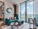 Modern living room with large windows and city view