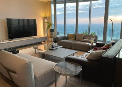 Modern living room with a cityscape view