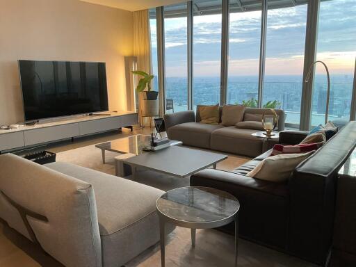 Modern living room with a cityscape view