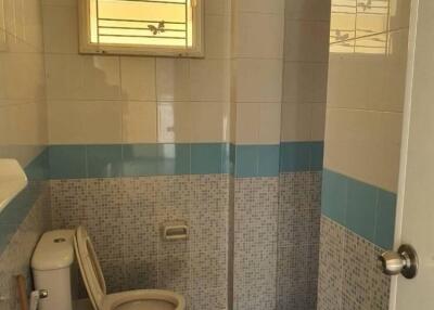 Bathroom with blue and white tiles