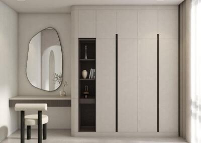 Modern bedroom with built-in wardrobe and vanity area