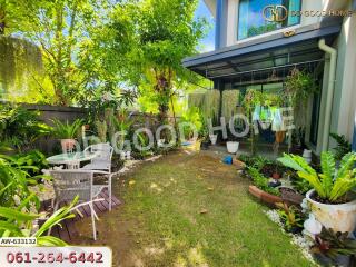 lush garden area with outdoor seating and various plants