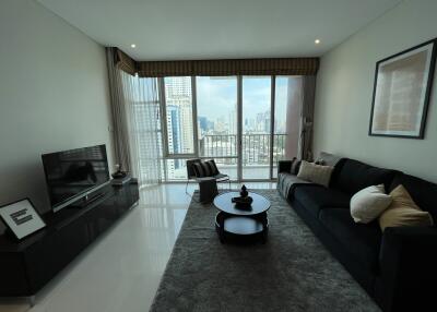 Modern living room with a city view