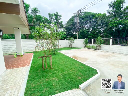 Outdoor garden with green lawn, paved area, and surrounding trees