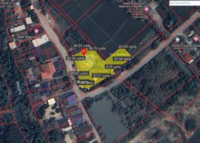 Satellite view of property plots with area demarcations and measurements