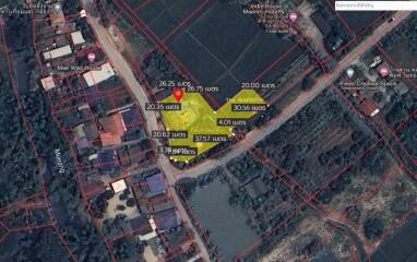 Satellite view of property plots with area demarcations and measurements