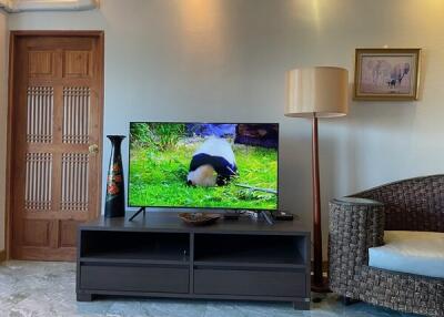 Modern living room with television, wicker chair, and wooden door