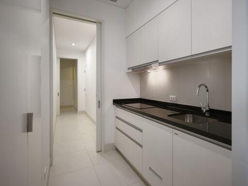 Modern kitchen with sleek cabinetry and black countertop