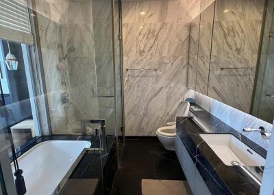 Modern bathroom with marble walls and black flooring