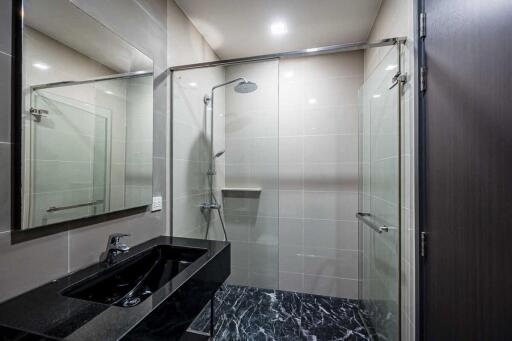 Modern bathroom with glass shower enclosure and black marble sink counter