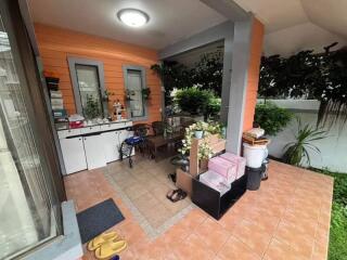 Covered outdoor patio with plants and storage