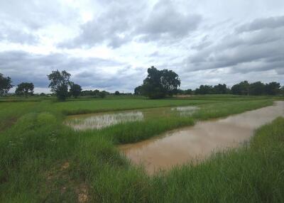 View of a grassy landscape with water bodies under a cloudy sky