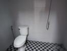 Bathroom with checkered floor tiles and wall-mounted shower