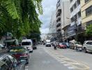 Street view of residential and commercial buildings