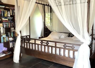 Well-lit bedroom with canopy bed and bookshelf