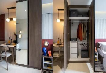 Bedroom with open wardrobe, dining area, and bedside table