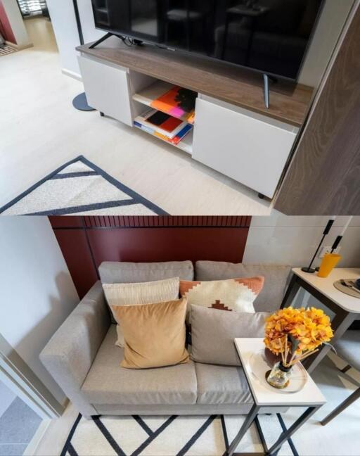 Living area with TV stand and sofa