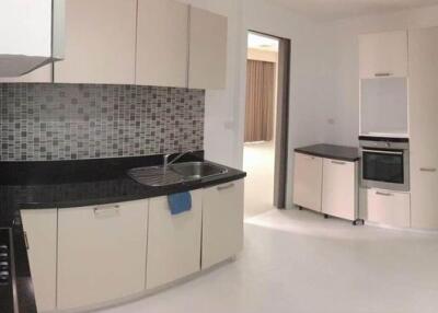 Modern kitchen with white cabinetry and black countertops