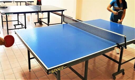 Two people playing table tennis in a recreational room