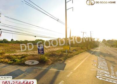 View of an empty plot of land beside the road with power lines