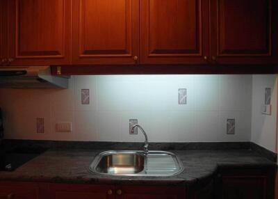 Kitchen area with sink and cabinetry